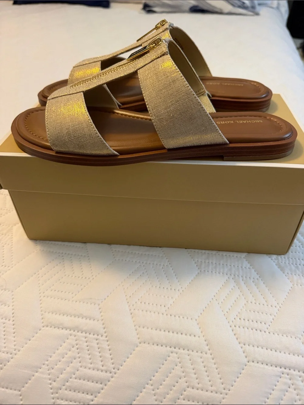 Michael Kors Pale Gold Metallic Zip-Front Slide Sandals